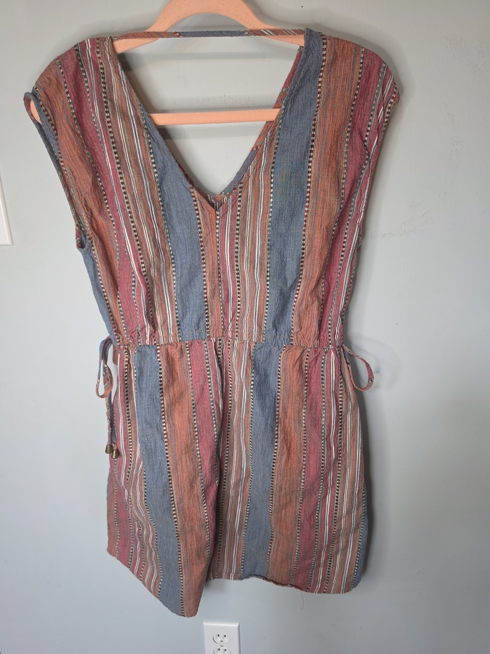 Universal Thread Goods Co Striped Boho Mini Dress Drawstring Side Tie V-Neck Med - Picture 2 of 5